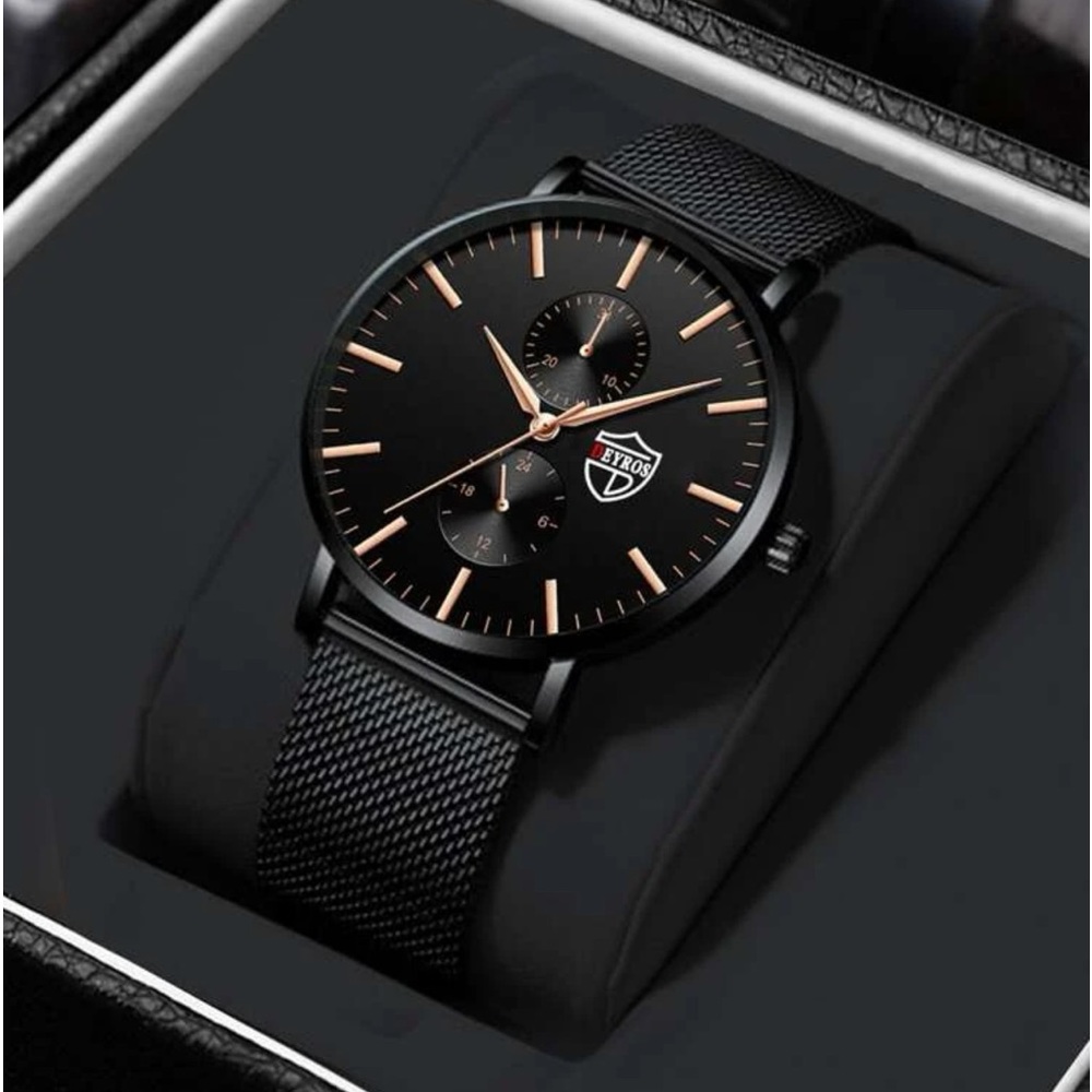 New Stainless Steel Analog Quartz Black Rose Gold Business Casual Mens Watch - Picture 5 of 13